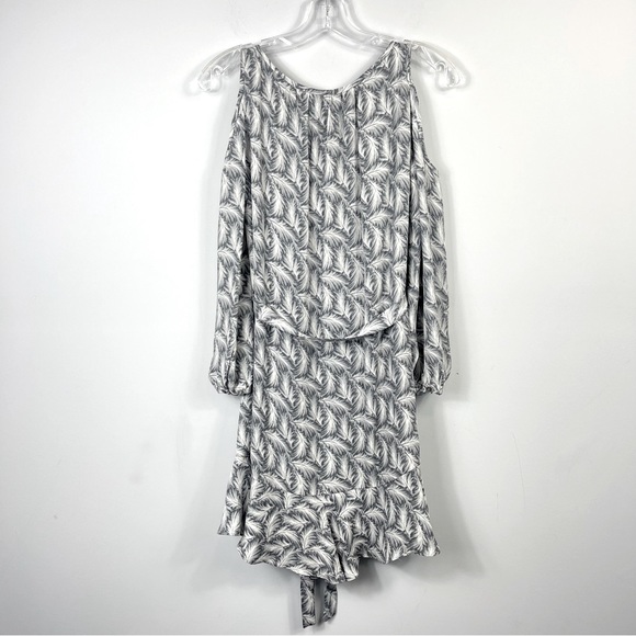 Joie Isaline Feather Cold Shoulder Mini Dress Gray White Print Silk Tie Belt XXS - Picture 6 of 15